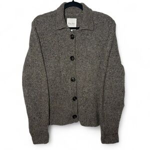 Part Two Wool Alpaca Collared Cardigan Sweater Brown Gray Large Cozy Knit